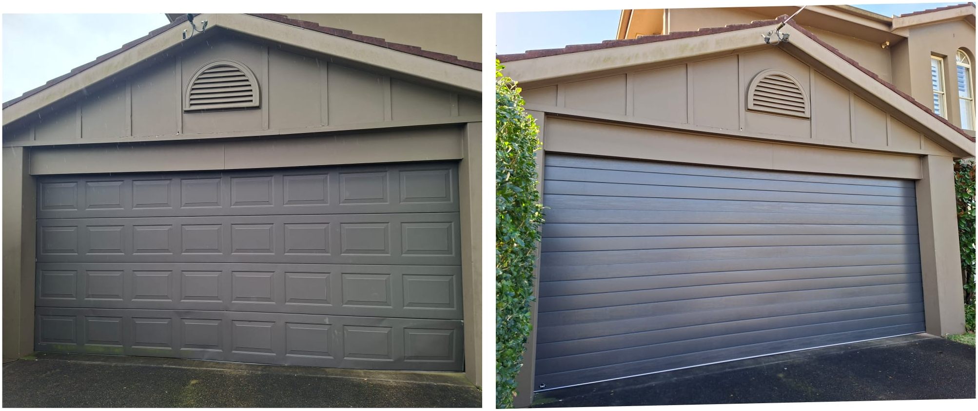 Old raised-panel garage door replaced with a modern wood-tone sectional door