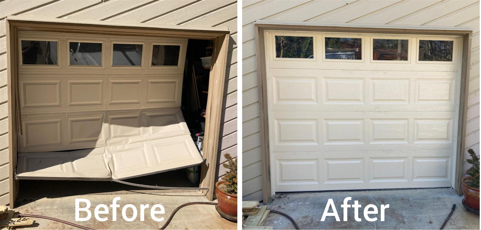 Before and after garage door panel repair in Sydney