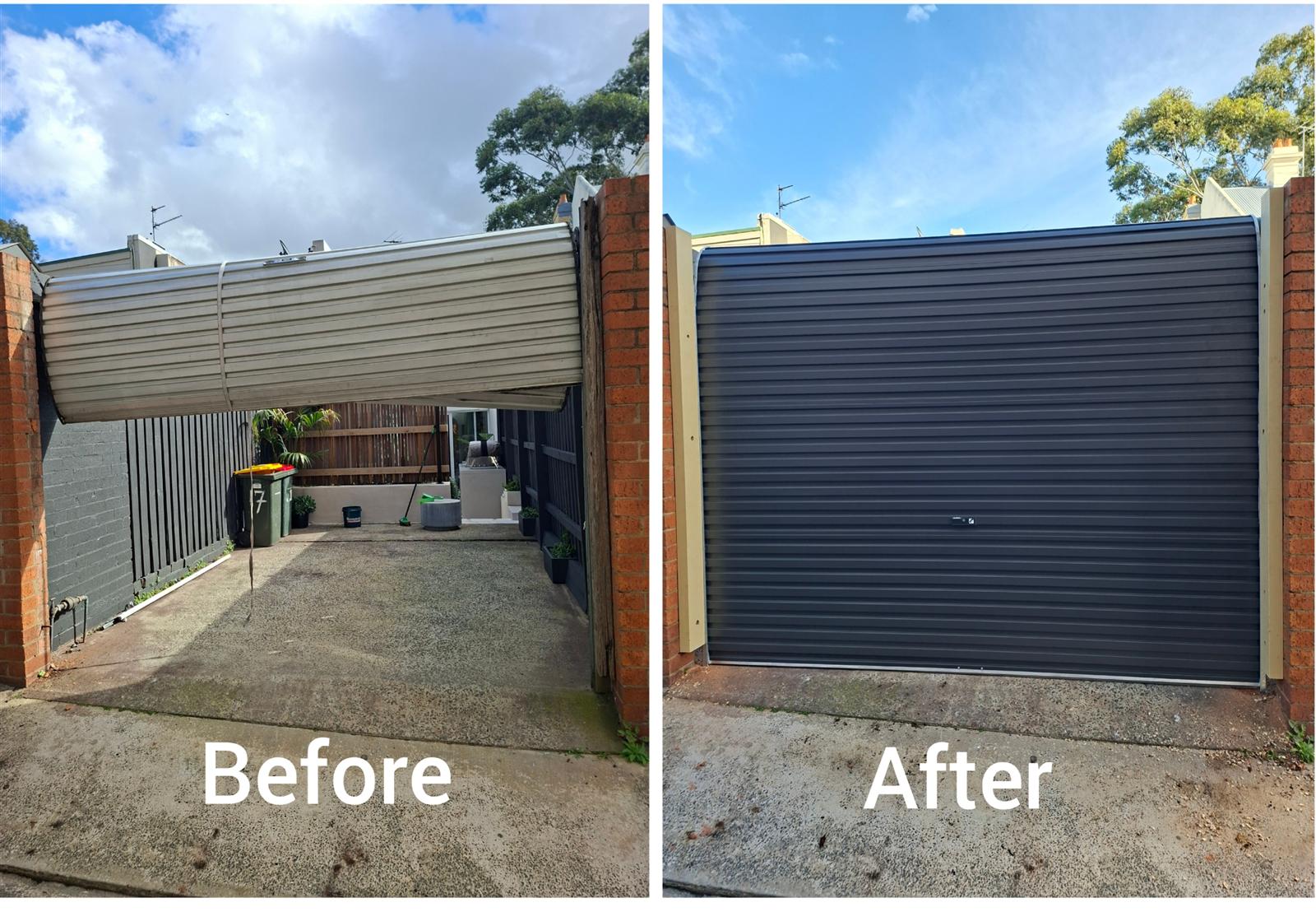 Damaged roller garage door before AM/PM Garage Door repair