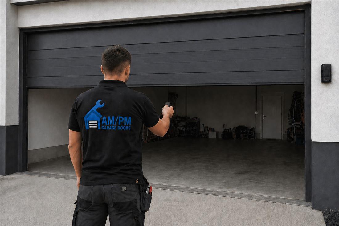 Technician holding a garage door remote control