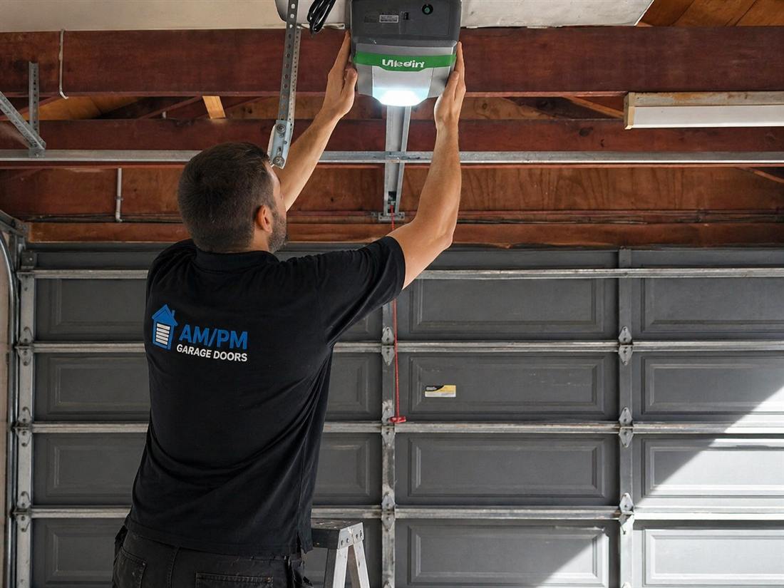 Garage door opener motor being installed by AM/PM Garage Door technician