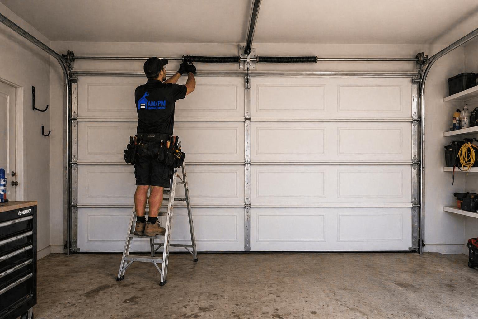 Technician replacing a broken torsion spring on a Sydney garage door