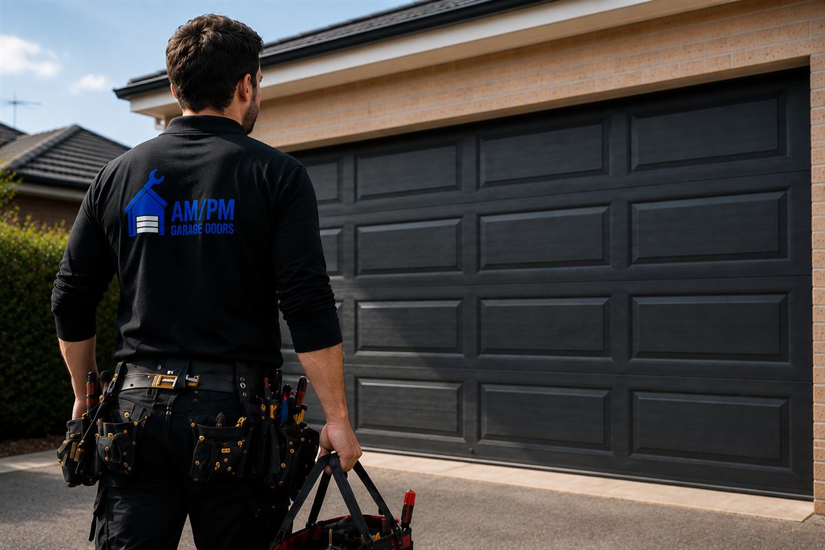 AM/PM Garage Door technician arriving for a garage door service visit